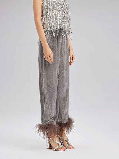 Hand-Sewn Feather Detachable Elastic Waist Pants