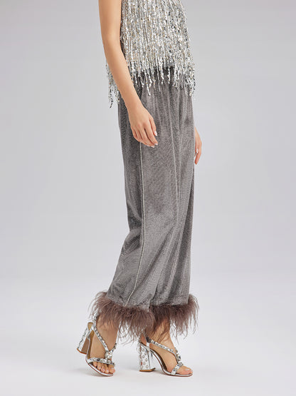 Hand-Sewn Feather Detachable Elastic Waist Pants