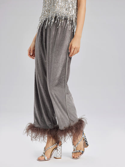 Hand-Sewn Feather Detachable Elastic Waist Pants
