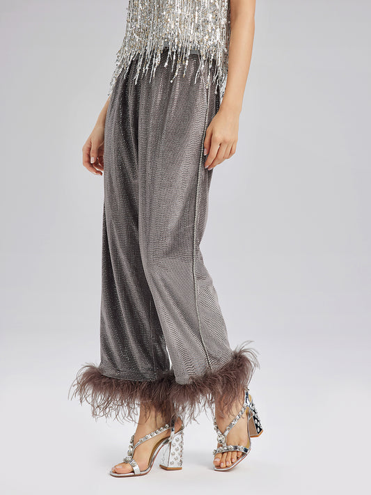 Hand-Sewn Feather Detachable Elastic Waist Pants