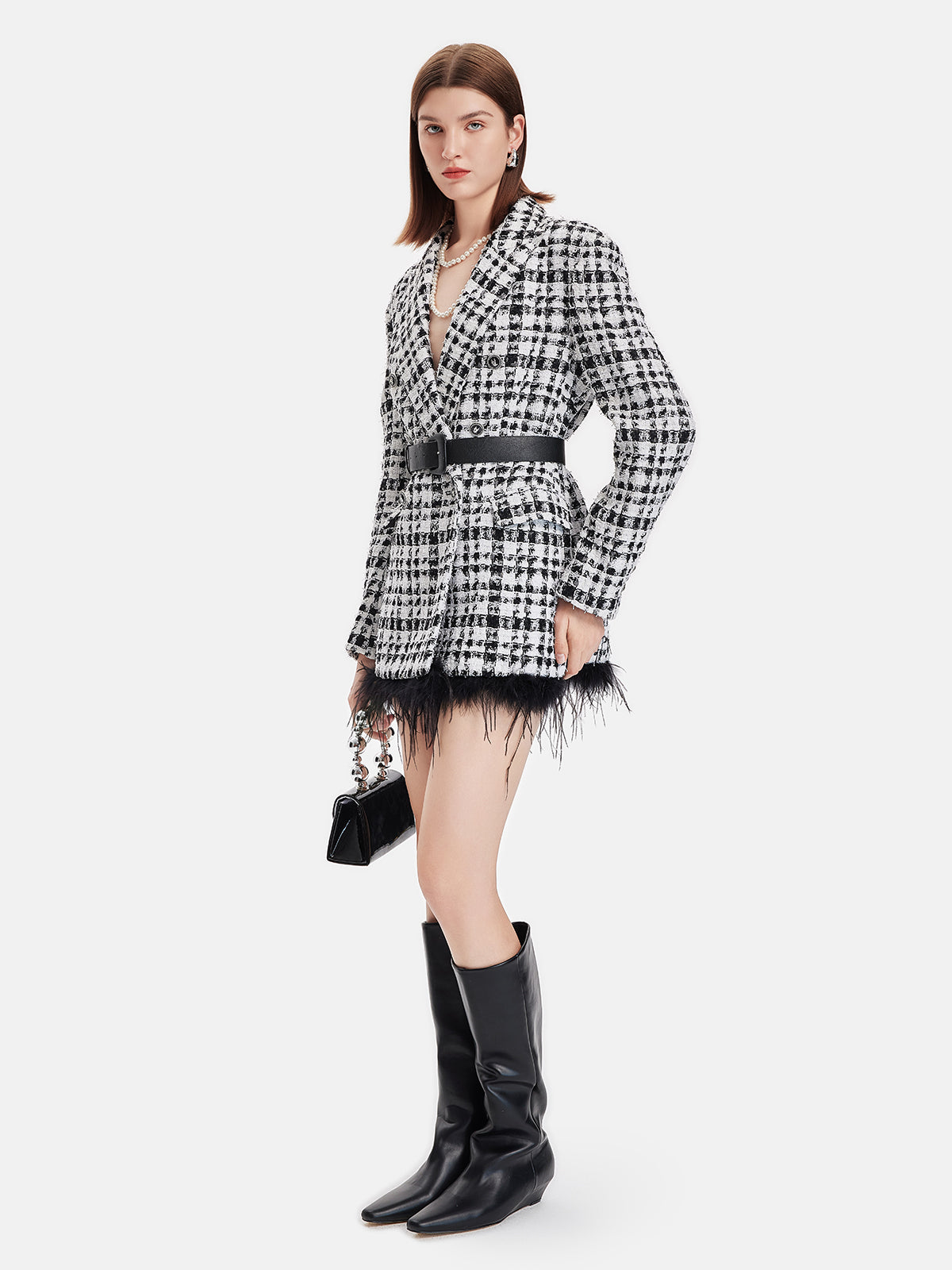 Classic Tweed Feather Trim Suit Dress With Belt