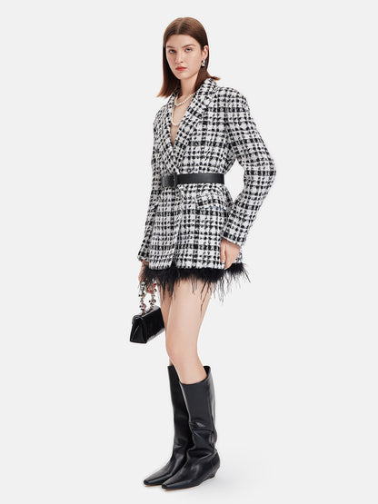 Classic Tweed Feather Trim Suit Dress With Belt