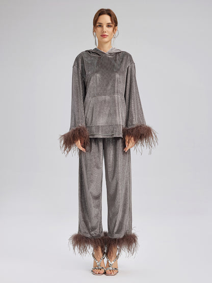 Hand-Sewn Feather Detachable Elastic Waist Pants