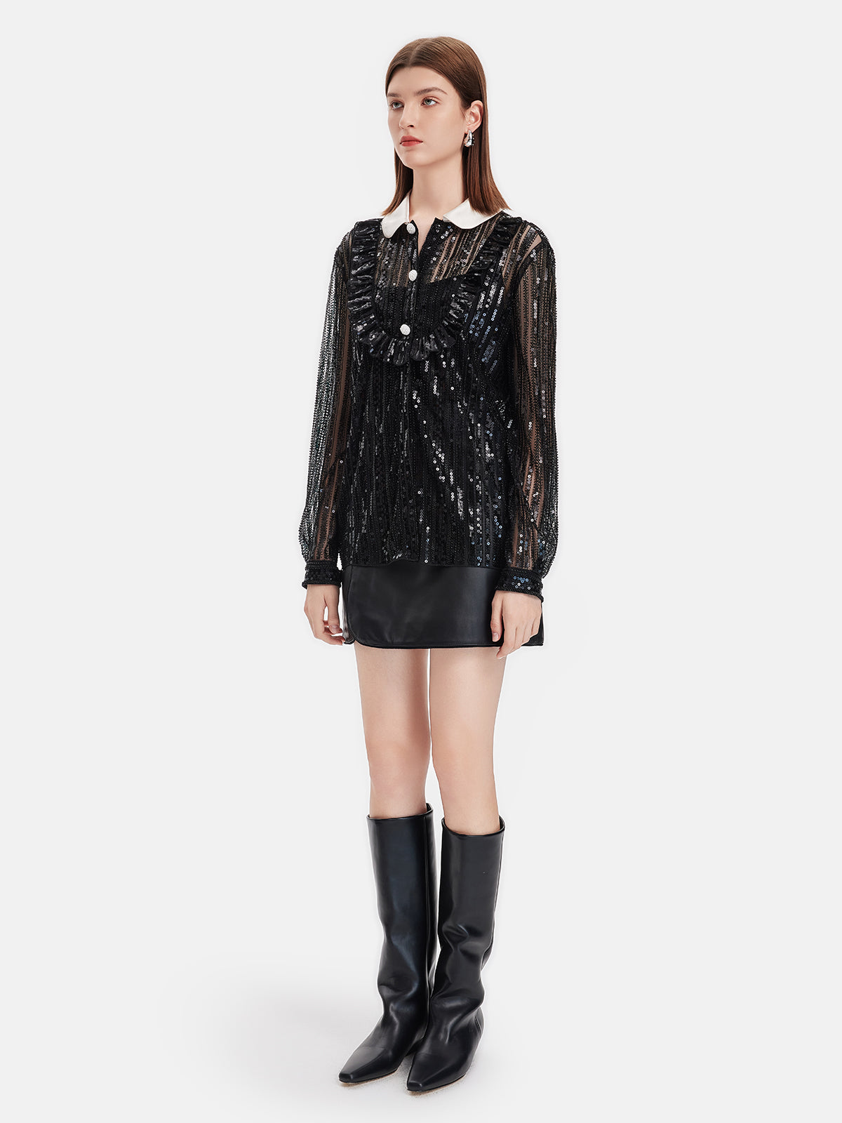 Sequined Ruffled Collar Shirt