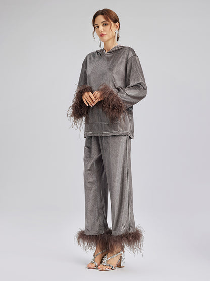 Hand-Sewn Feather Detachable Elastic Waist Pants