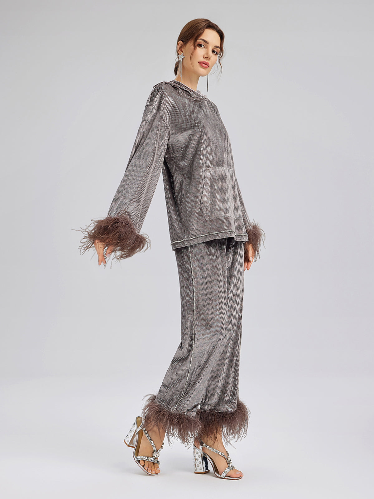 Hand-Sewn Feather Detachable Elastic Waist Pants