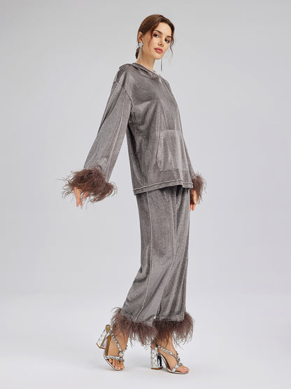 Hand-Sewn Feather Detachable Elastic Waist Pants