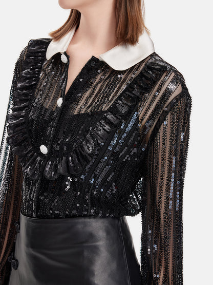 Sequined Ruffled Collar Shirt