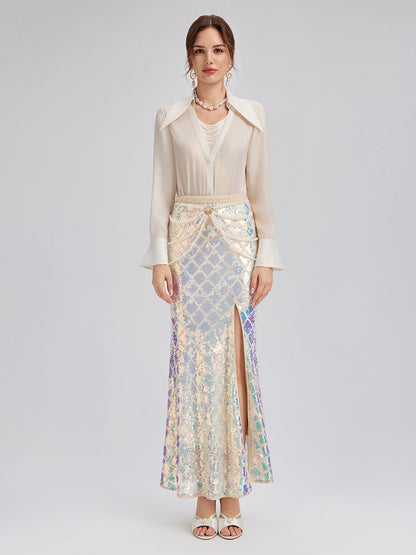 Iridescent Sequin Front-Slit Mermaid Skirt