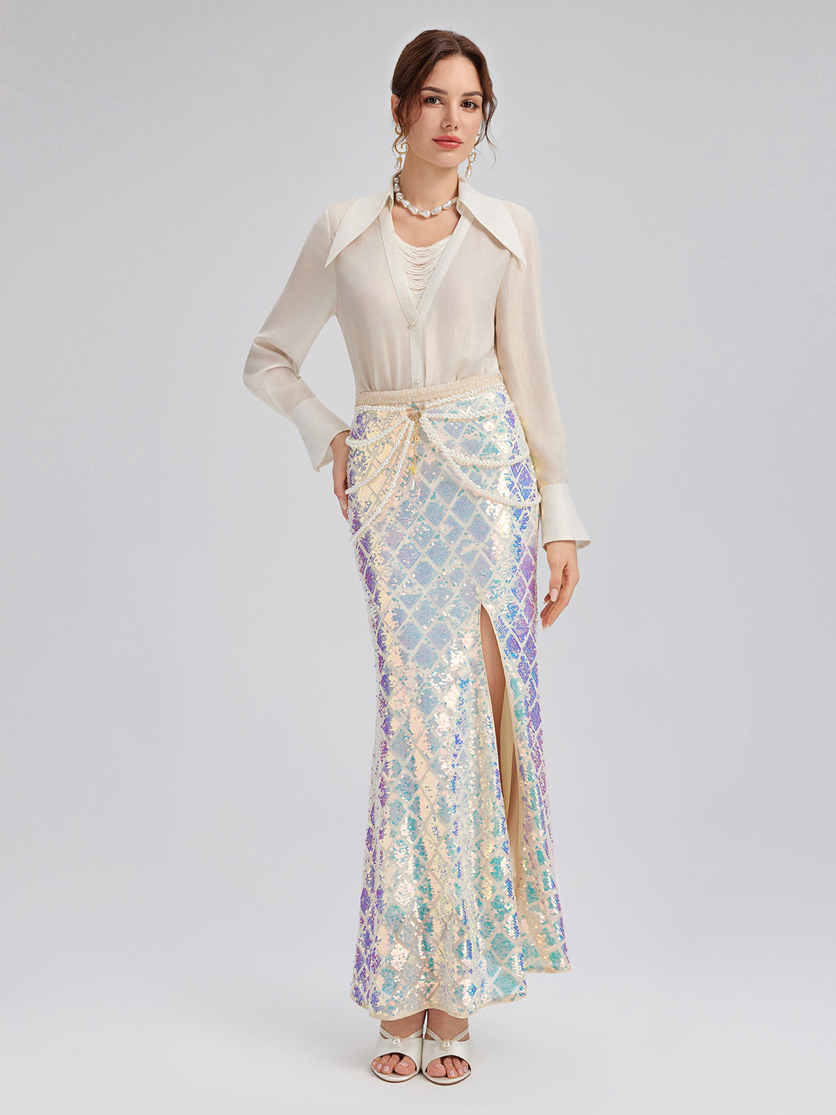 Iridescent Sequin Front-Slit Mermaid Skirt