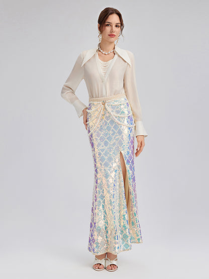 Iridescent Sequin Front-Slit Mermaid Skirt
