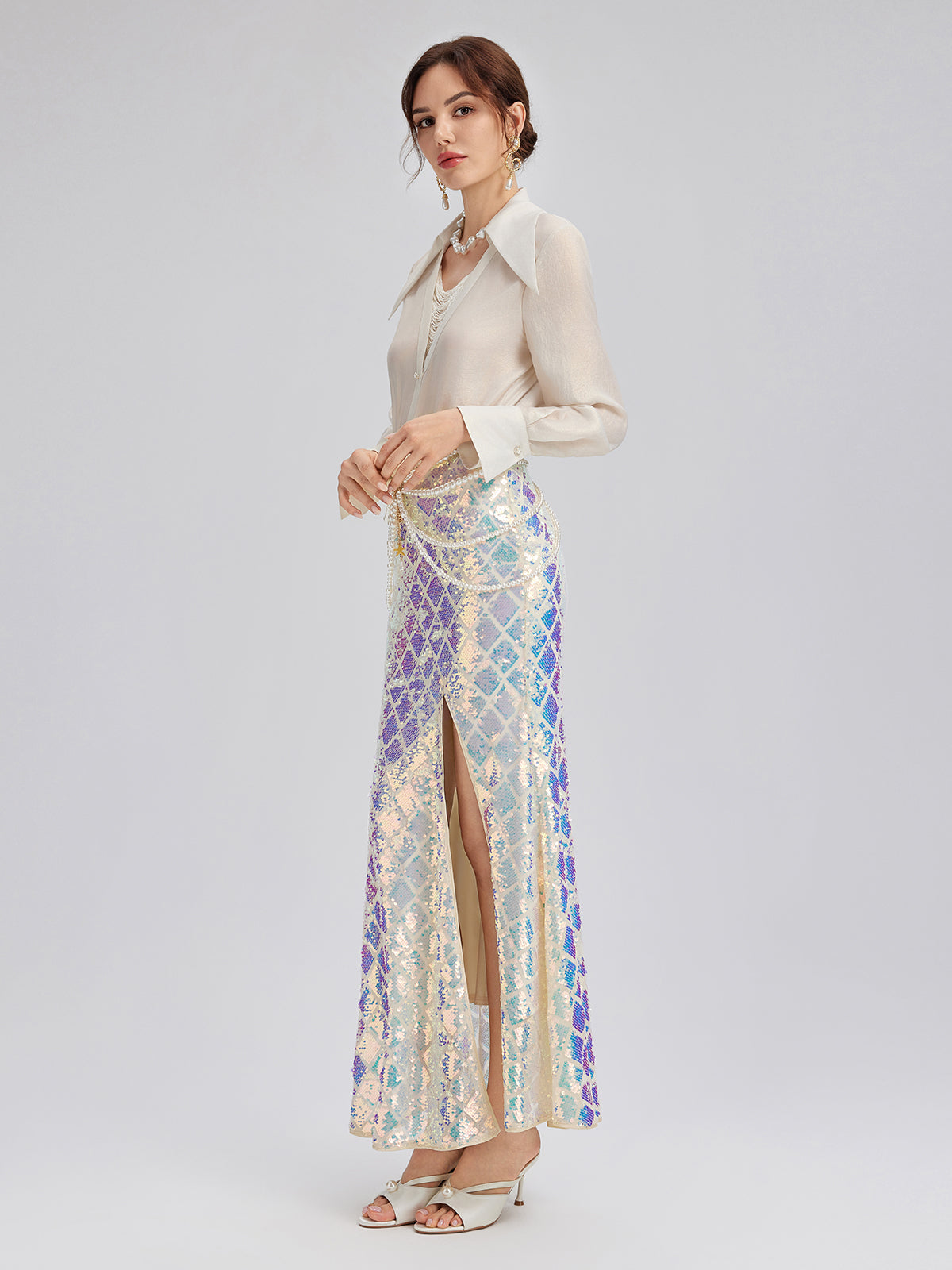 Iridescent Sequin Front-Slit Mermaid Skirt
