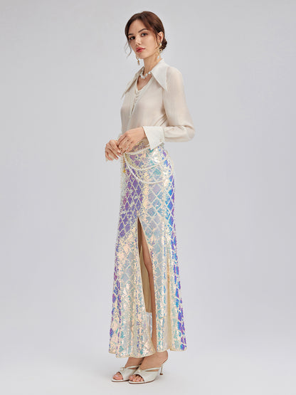 Iridescent Sequin Front-Slit Mermaid Skirt