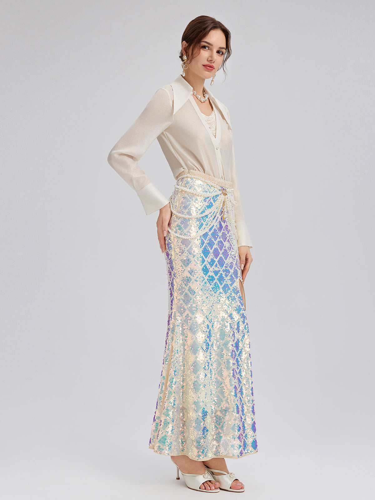 Iridescent Sequin Front-Slit Mermaid Skirt
