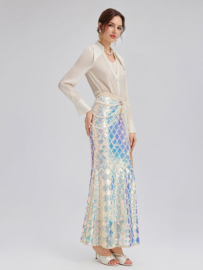 Iridescent Sequin Front-Slit Mermaid Skirt