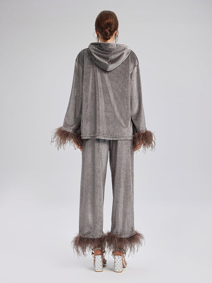 Hand-Sewn Feather Detachable Elastic Waist Pants