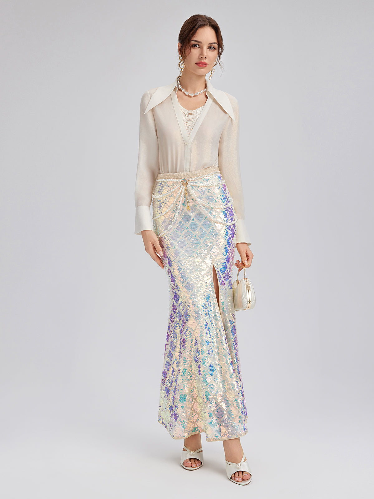 Iridescent Sequin Front-Slit Mermaid Skirt