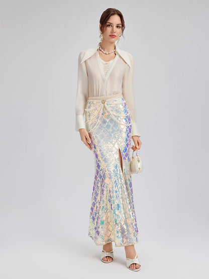 Iridescent Sequin Front-Slit Mermaid Skirt