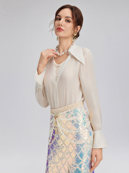 Shimmery Foil Fringe Accent Shirt