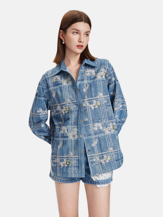 Beaded Embroidery Plaid Denim Shirt Jacket