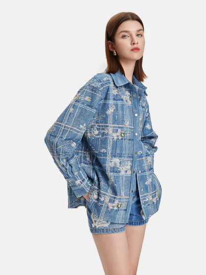 Beaded Embroidery Plaid Denim Shirt Jacket