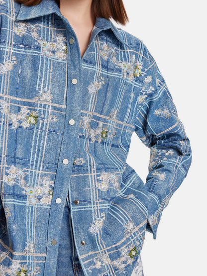 Beaded Embroidery Plaid Denim Shirt Jacket