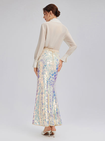 Iridescent Sequin Front-Slit Mermaid Skirt