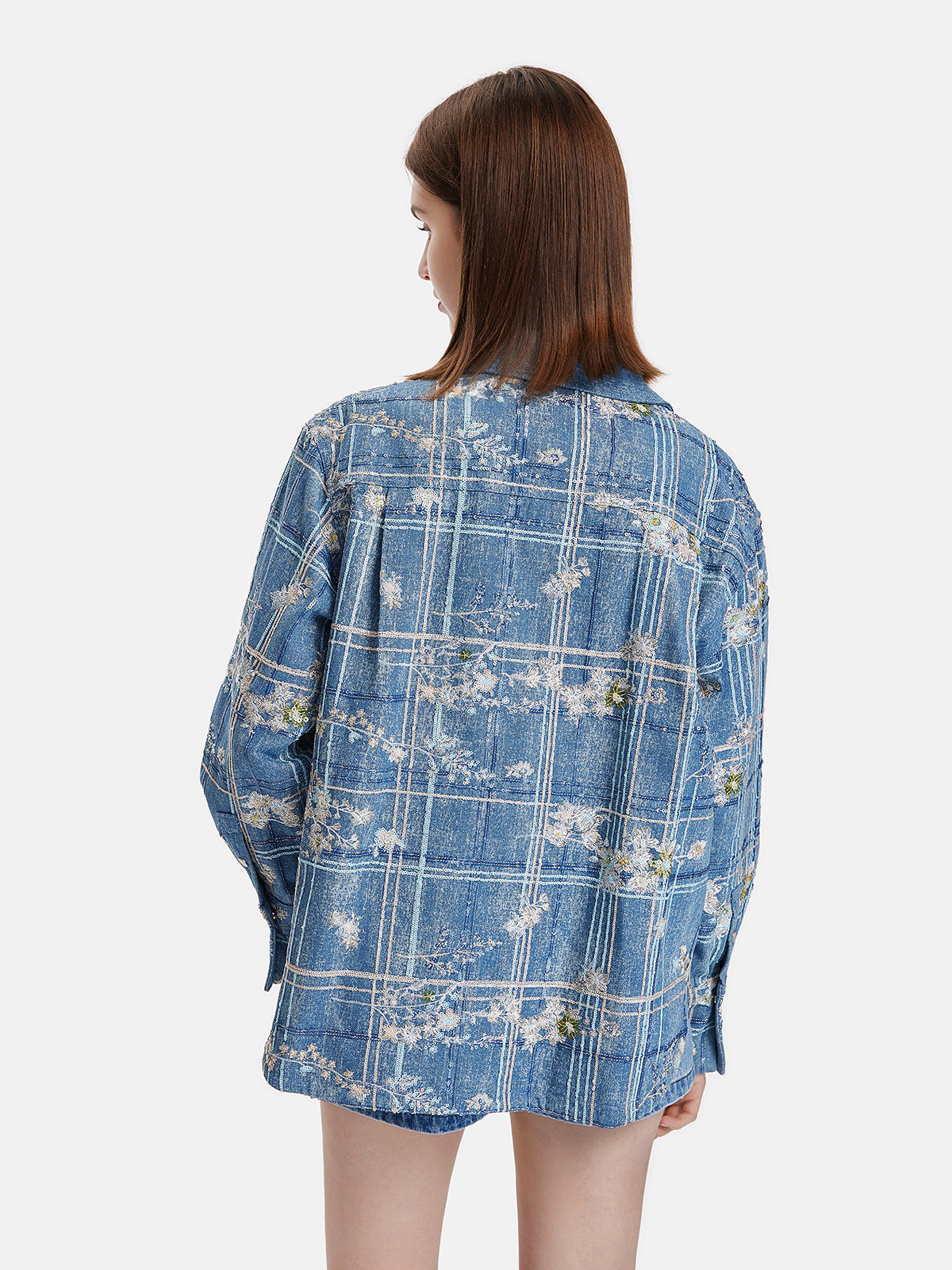 Beaded Embroidery Plaid Denim Shirt Jacket