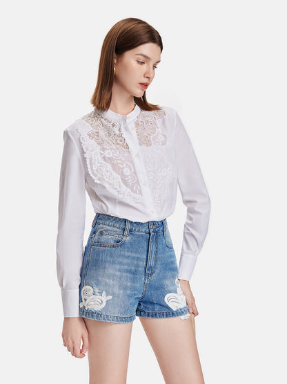 French Embroidered Denim Shorts