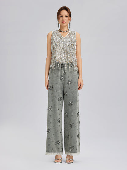 Garment Dyeing Beaded Denim Lace-Trim Pants