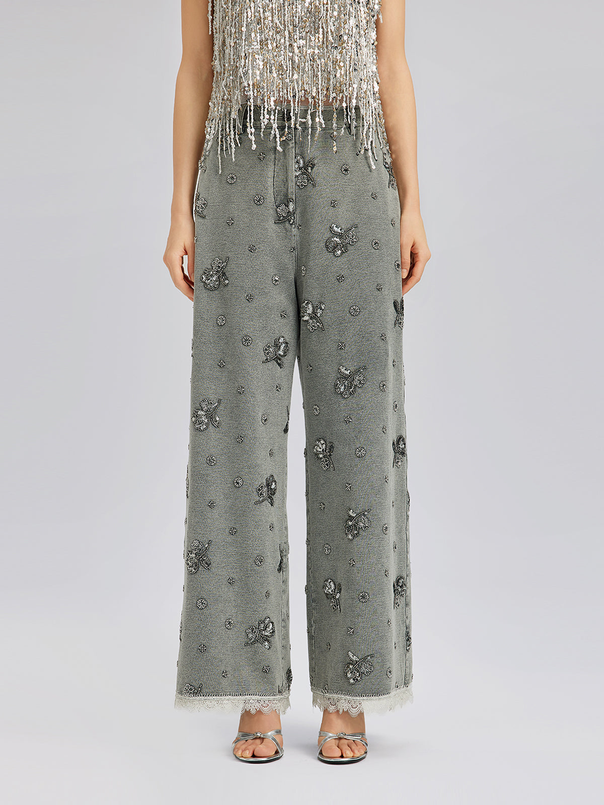 Garment Dyeing Beaded Denim Lace-Trim Pants