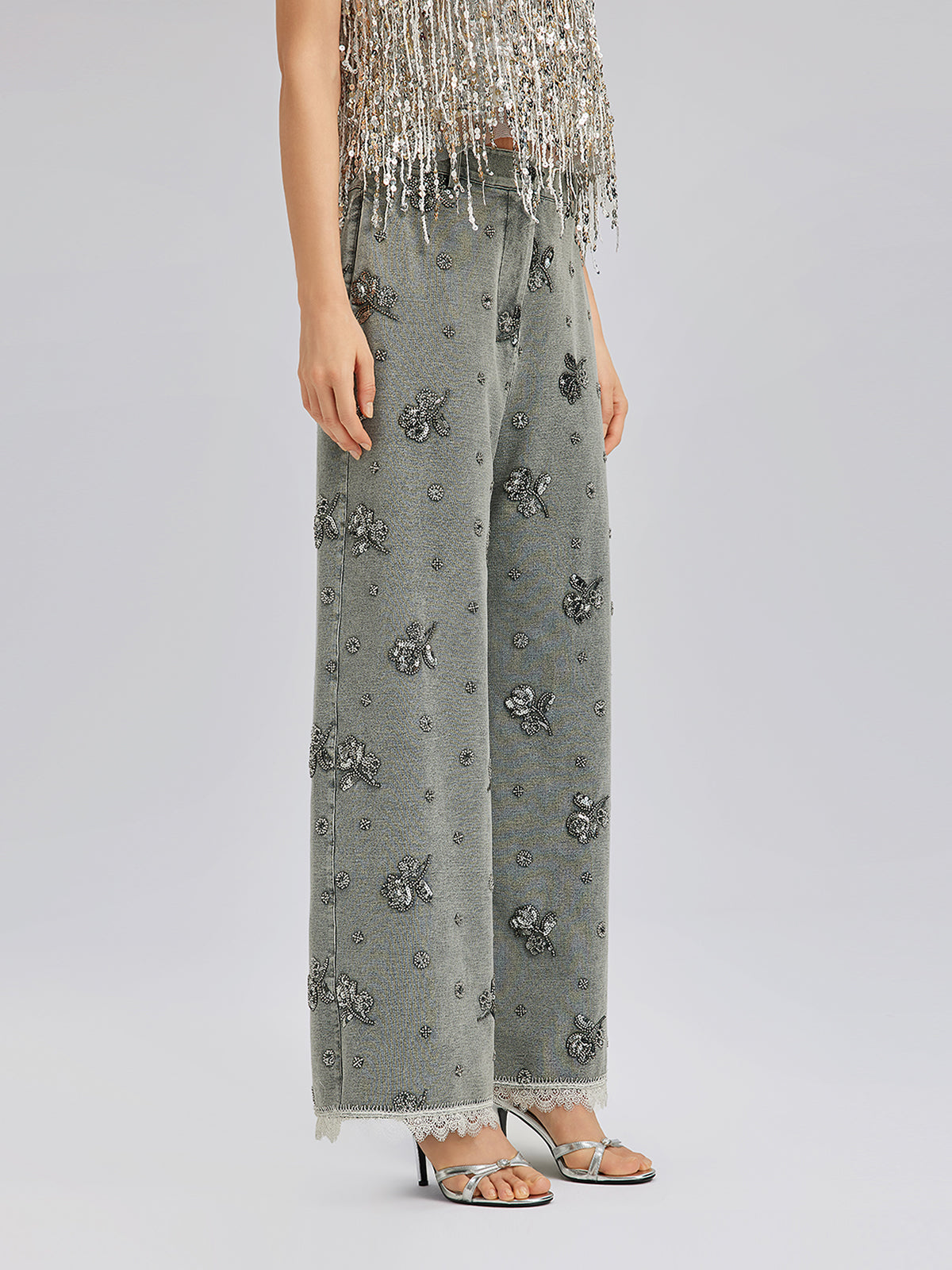 Garment Dyeing Beaded Denim Lace-Trim Pants