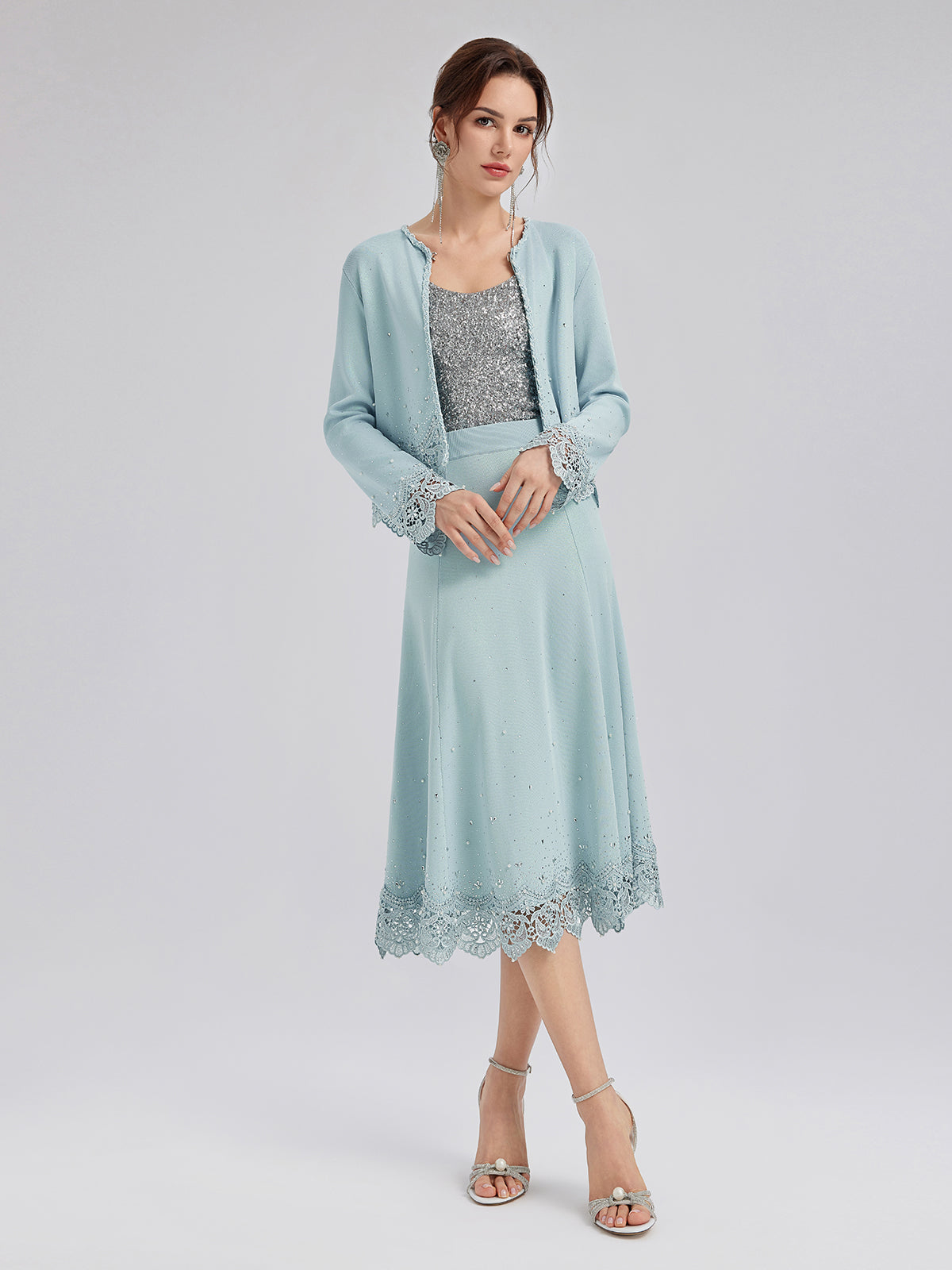 Rhinestone Lace Knit Elasticated Skirt