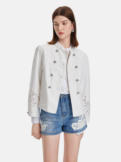 Regal Embroidered High-Collar Denim Jacket