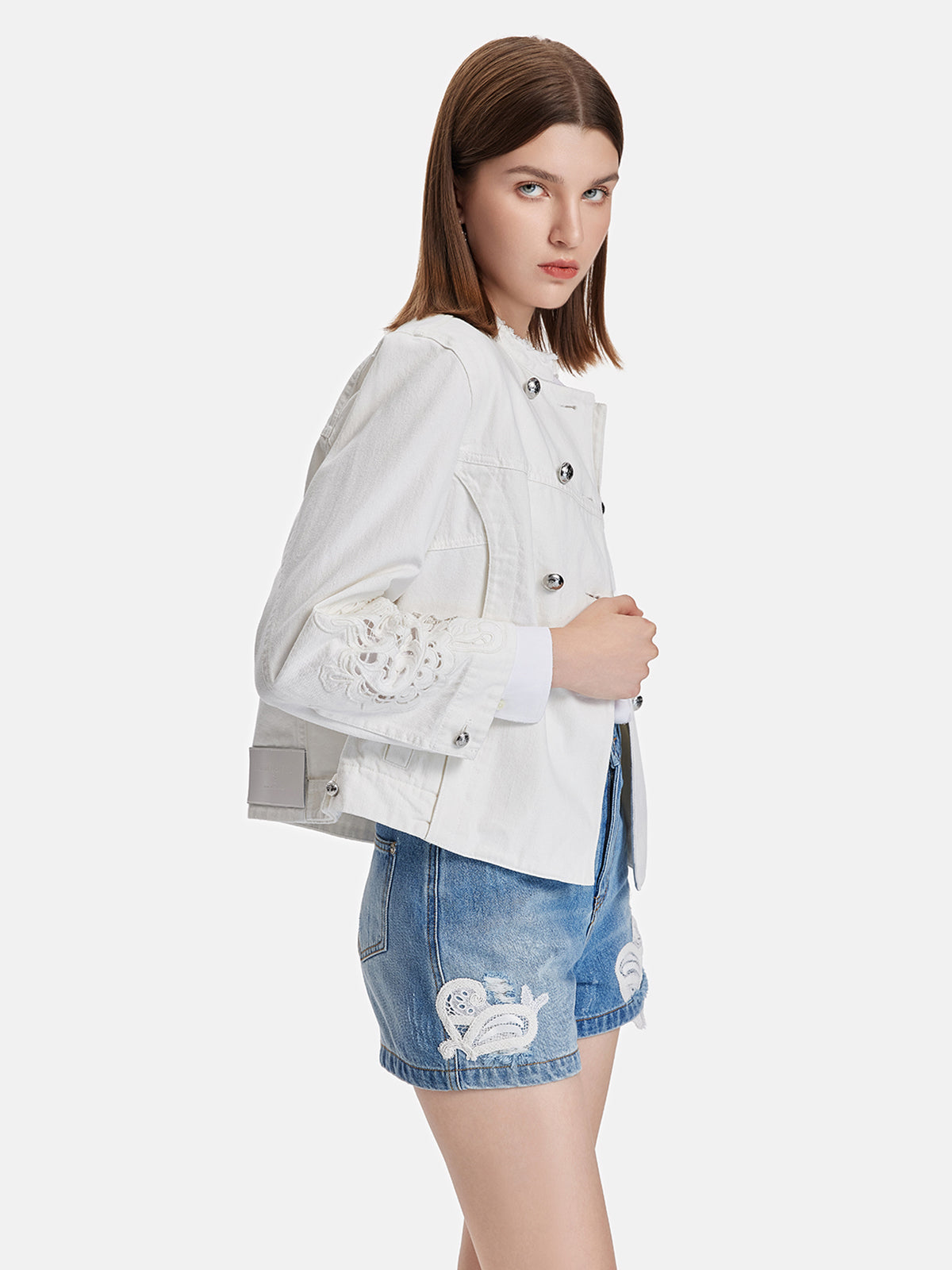 Regal Embroidered High-Collar Denim Jacket