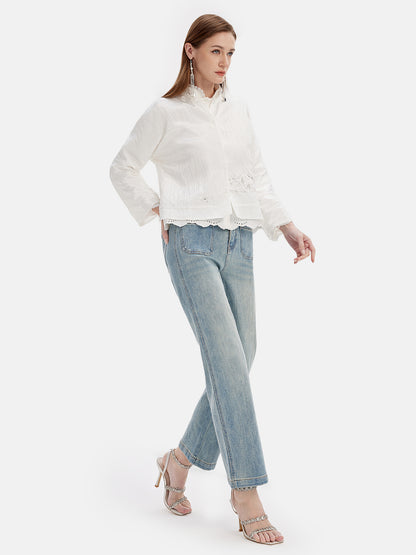 French Linen Floral Embroidery Two-pieces Blouses