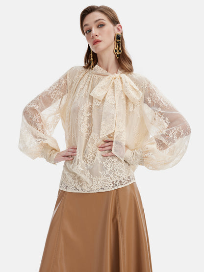 Caged Sleeve Lace-Up Lace Blouse