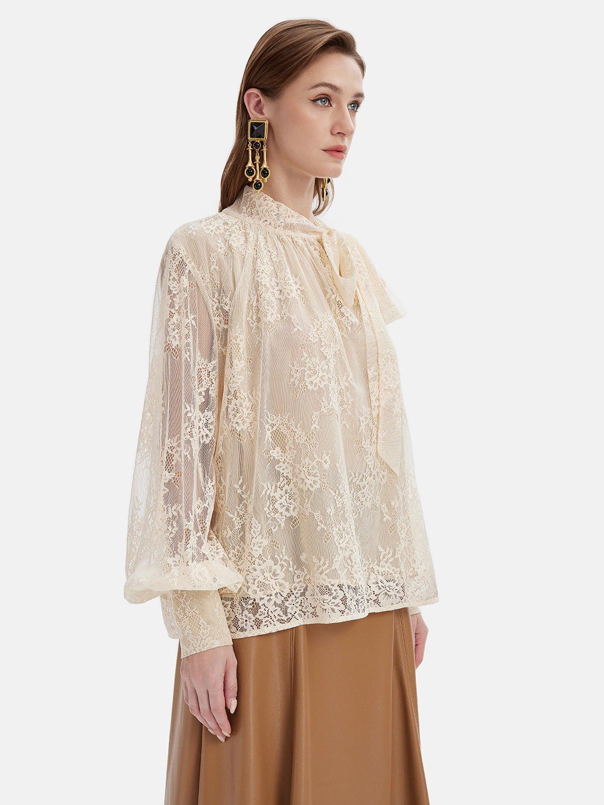 Caged Sleeve Lace-Up Lace Blouse