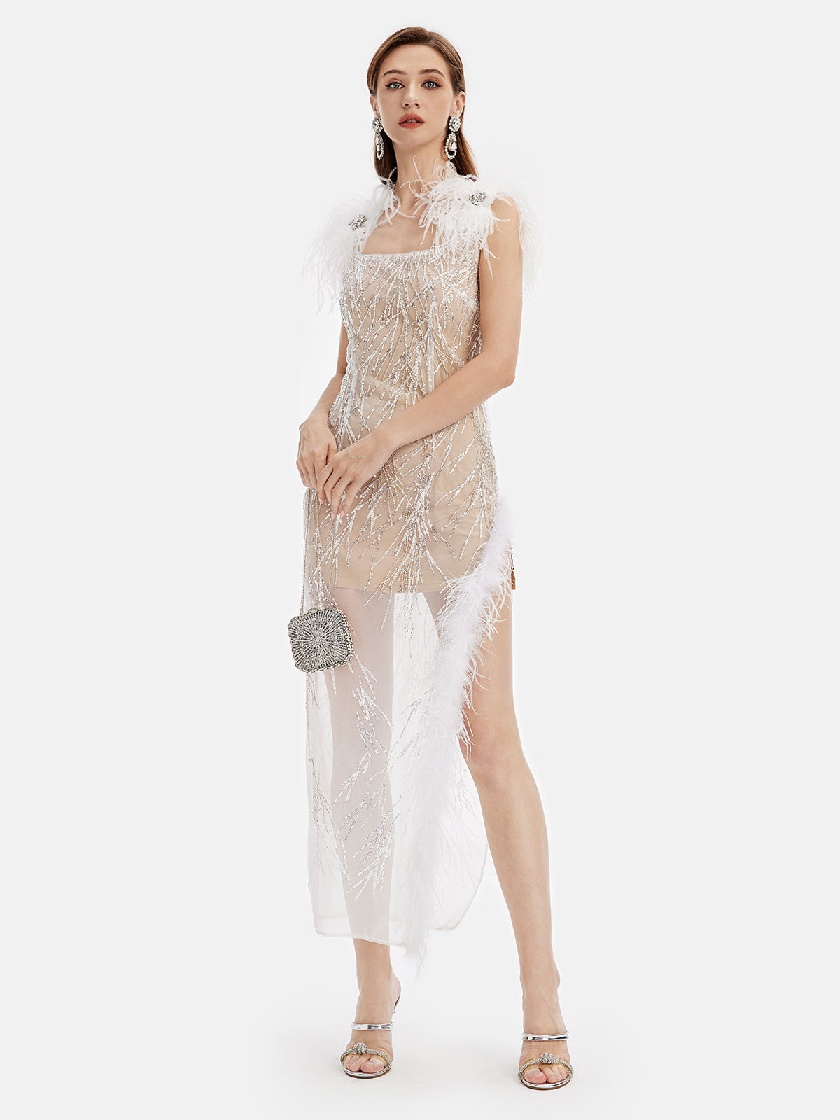 Beaded Embroidery Ostrich Feather Gown