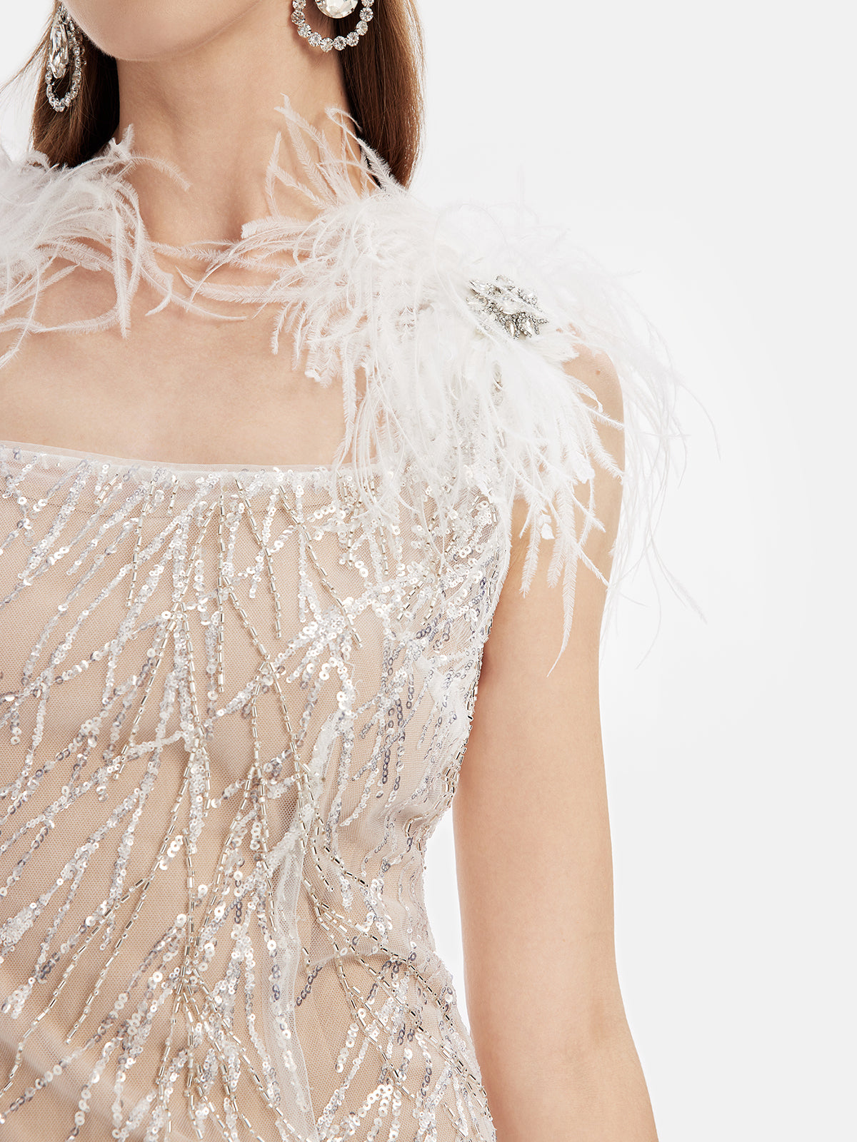 Beaded Embroidery Ostrich Feather Gown