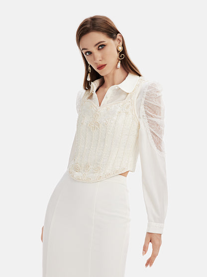 Hand-Embellished Lace Peplum Top