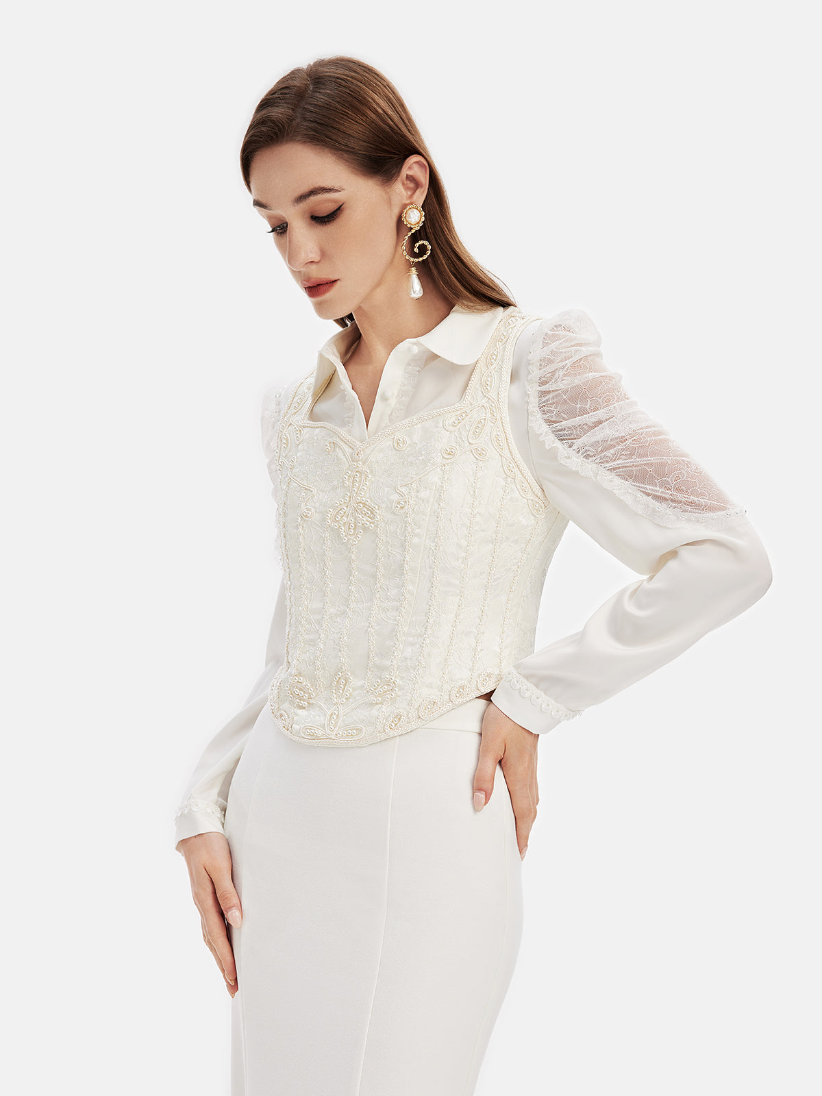 Hand-Embellished Lace Peplum Top