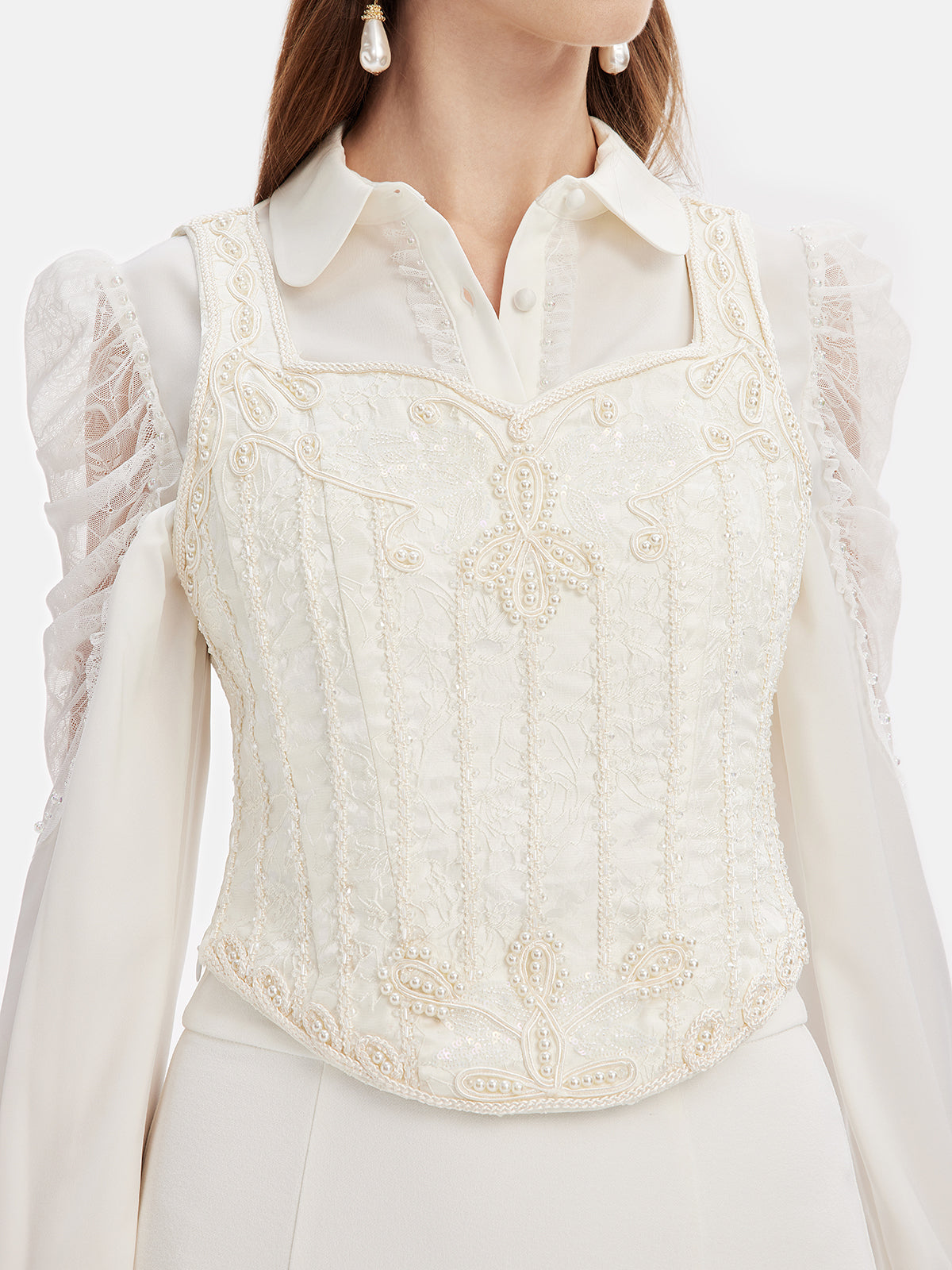 Hand-Embellished Lace Peplum Top