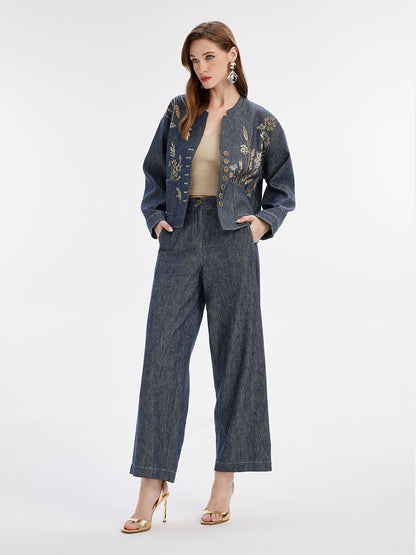 Natural Cotton Linen Denim Wide-Leg Pants