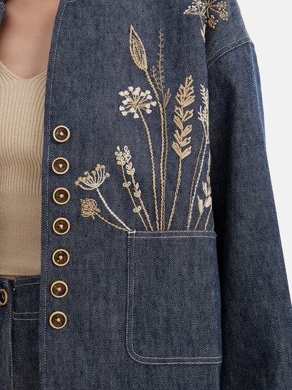 Natural Cotton Linen  Embroidered Denim Jacket