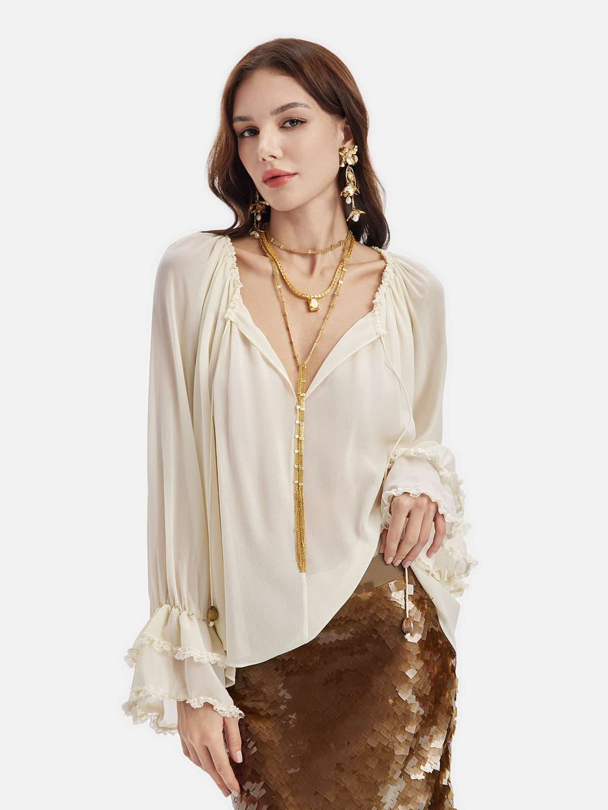 Lantern Sleeve Silk Blouse