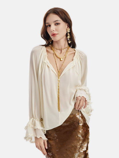 Lantern Sleeve Silk Blouse