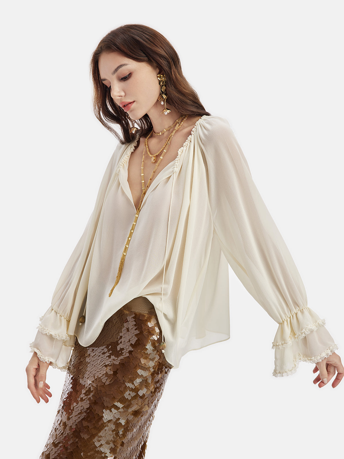 Lantern Sleeve Silk Blouse