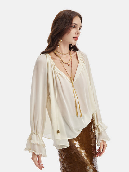 Lantern Sleeve Silk Blouse