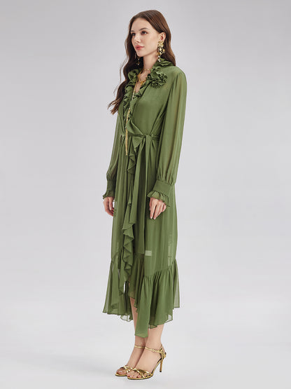 Silk Ruffle Hem Maxi Dress with Lace Cami